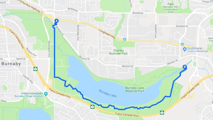Auszug aus Google Maps über die Fußgänger Route vom SkyTrain Sperling-Burnaby Lake bis zum Cariboo Dam